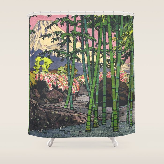 Through the Nishigi Forest - Nature Ukiyo Landscape in Green & Pink Shower Curtain Gallery Image 1