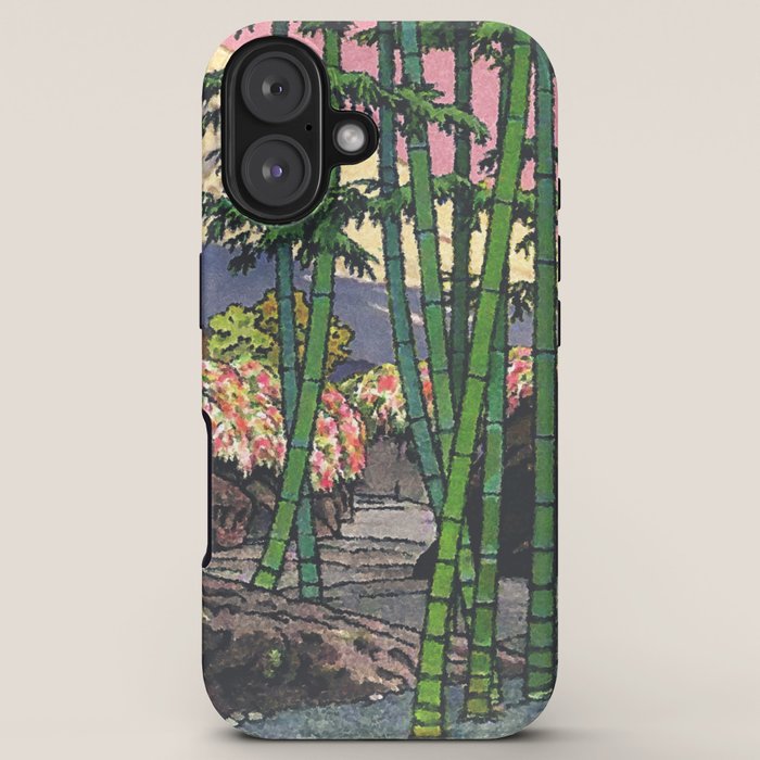 Through the Nishigi Forest - Nature Ukiyo Landscape in Green & Pink iPhone Case Gallery Image 5