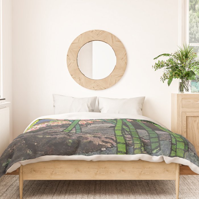 Through the Nishigi Forest - Nature Ukiyo Landscape in Green & Pink Duvet Cover Gallery Image 3