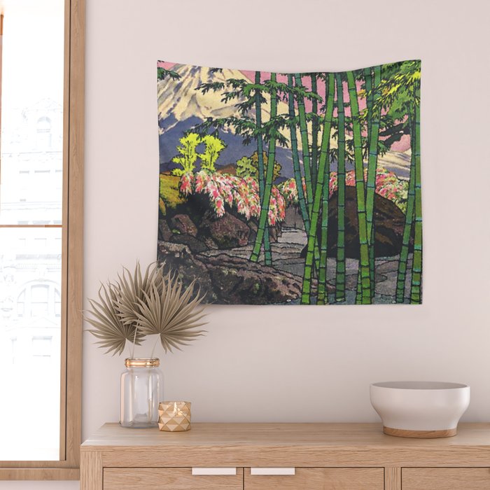 Through the Nishigi Forest - Nature Ukiyo Landscape in Green & Pink Wall Tapestry Gallery Image 2