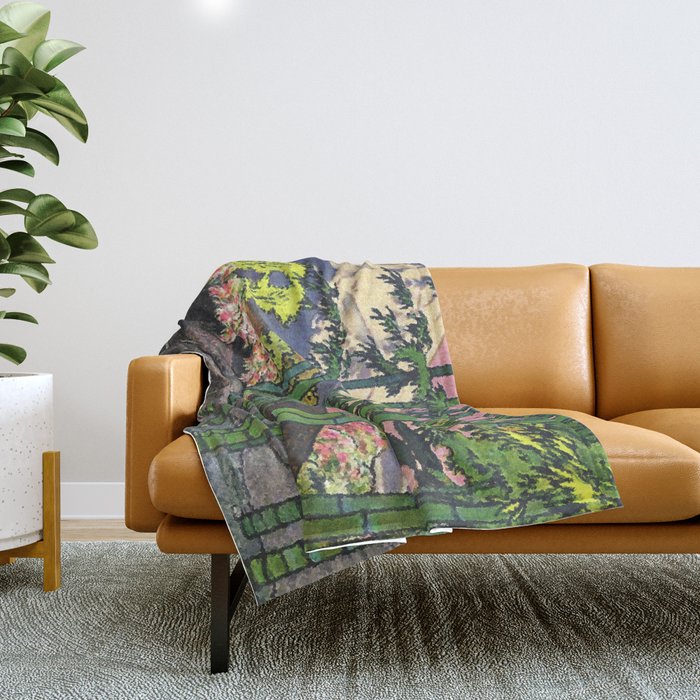 Through the Nishigi Forest - Nature Ukiyo Landscape in Green & Pink Throw Blanket Gallery Image 1