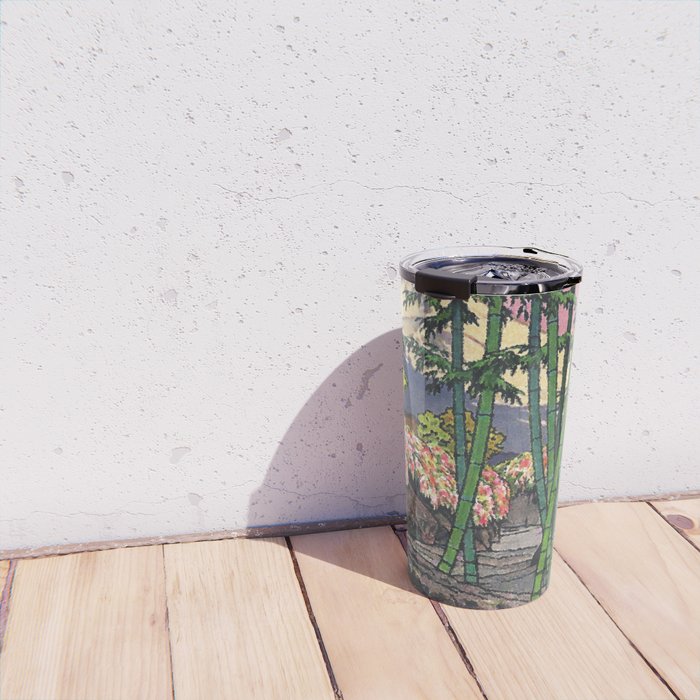 Through the Nishigi Forest - Nature Ukiyo Landscape in Green & Pink Travel Mug Gallery Image 4