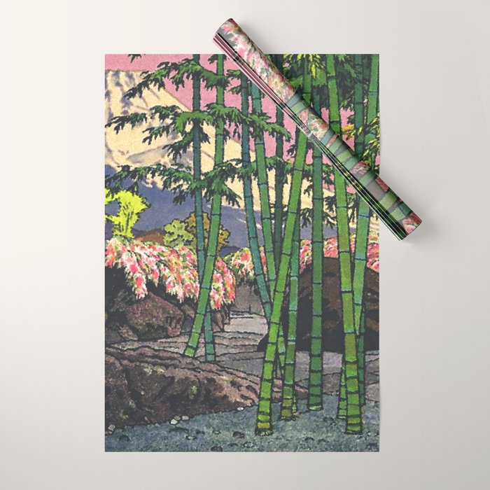 Through the Nishigi Forest - Nature Ukiyo Landscape in Green & Pink Wrapping Paper Gallery Image 1