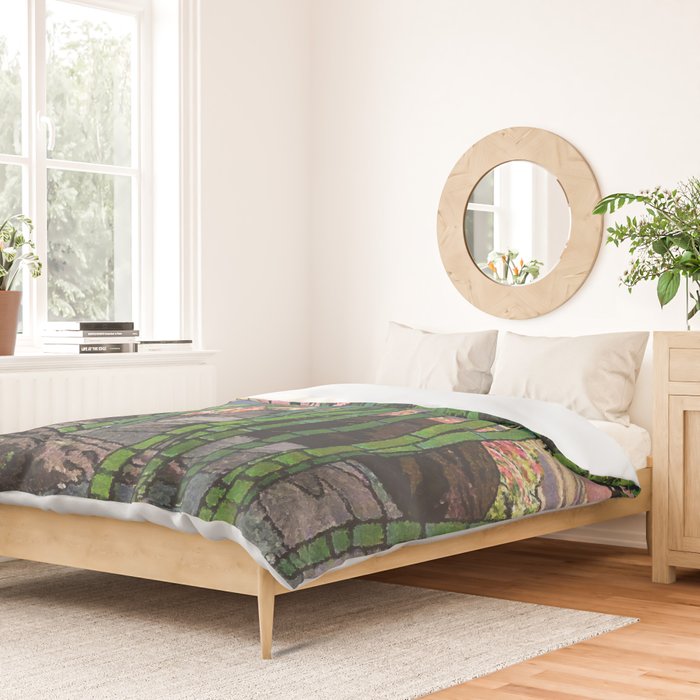 Through the Nishigi Forest - Nature Ukiyo Landscape in Green & Pink Duvet Cover Gallery Image 2