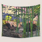 Through the Nishigi Forest - Nature Ukiyo Landscape in Green & Pink Wall Tapestry Gallery Image 4
