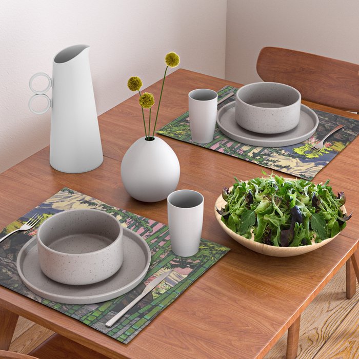 Through the Nishigi Forest - Nature Ukiyo Landscape in Green & Pink Placemat Gallery Image 2
