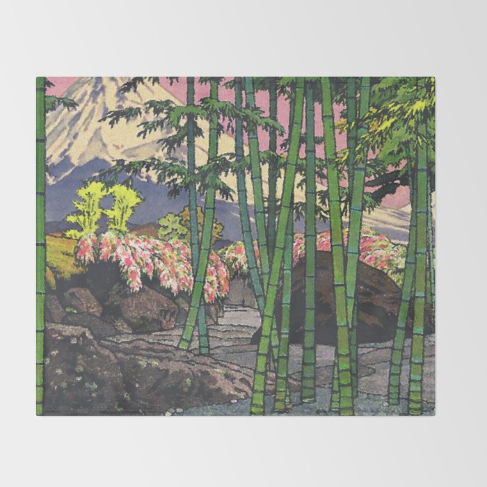 Through the Nishigi Forest - Nature Ukiyo Landscape in Green & Pink Throw Blanket Gallery Image 2