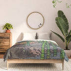 Through the Nishigi Forest - Nature Ukiyo Landscape in Green & Pink Comforter Gallery Image 3