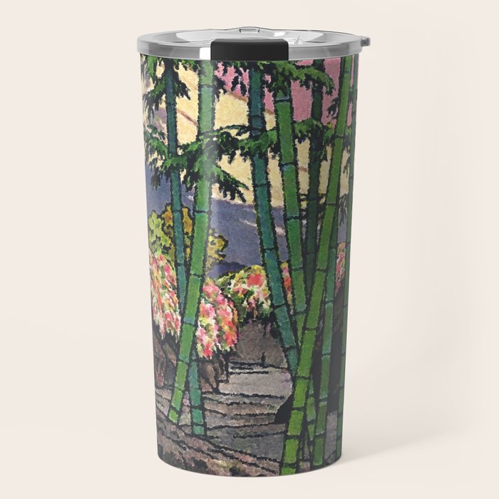 Through the Nishigi Forest - Nature Ukiyo Landscape in Green & Pink Travel Mug Gallery Image 1