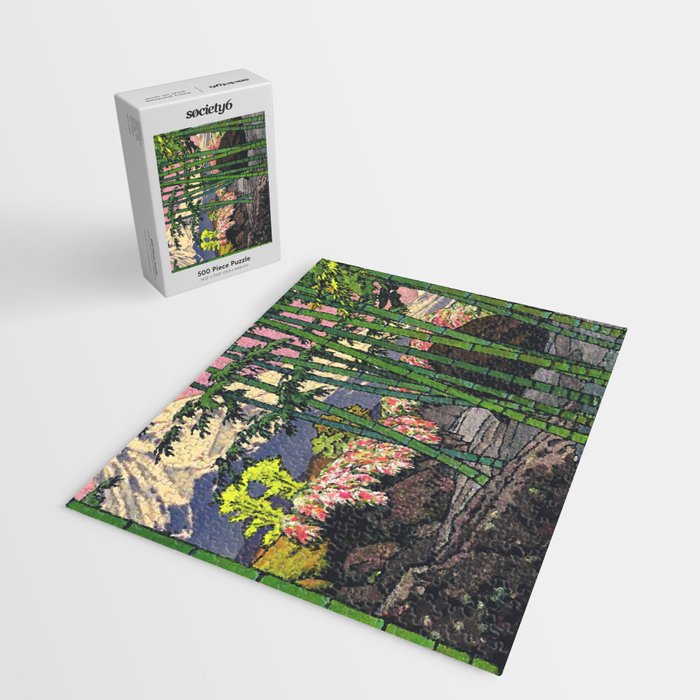 Through the Nishigi Forest - Nature Ukiyo Landscape in Green & Pink Jigsaw Puzzle Gallery Image 2