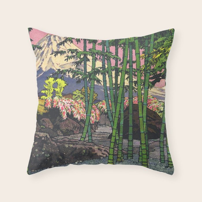 Through the Nishigi Forest - Nature Ukiyo Landscape in Green & Pink Throw Pillow Gallery Image 1