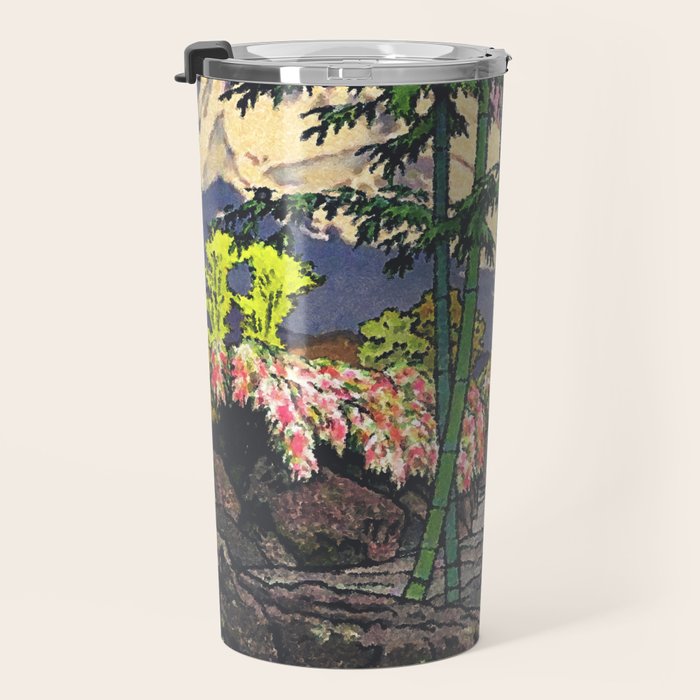 Through the Nishigi Forest - Nature Ukiyo Landscape in Green & Pink Travel Mug Gallery Image 3