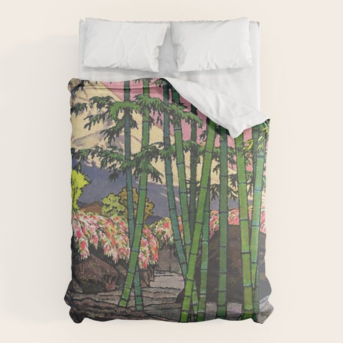 Through the Nishigi Forest - Nature Ukiyo Landscape in Green & Pink Duvet Cover Gallery Image 6