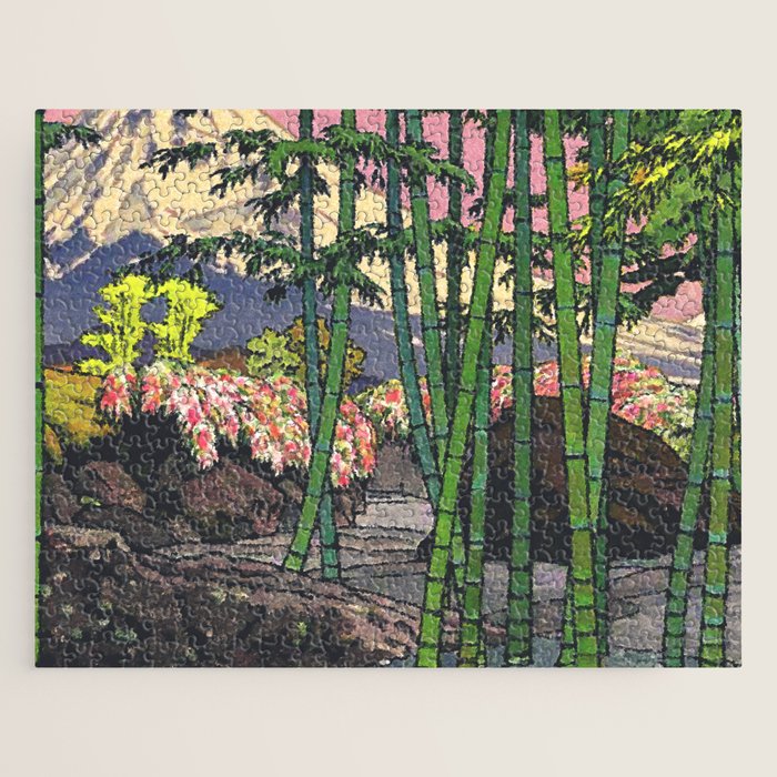 Through the Nishigi Forest - Nature Ukiyo Landscape in Green & Pink Jigsaw Puzzle Gallery Image 1