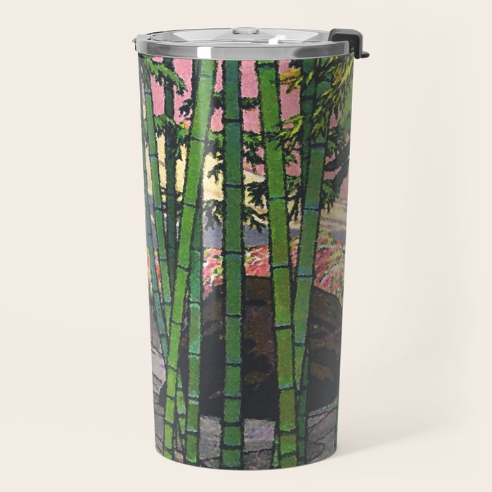 Through the Nishigi Forest - Nature Ukiyo Landscape in Green & Pink Travel Mug Gallery Image 2