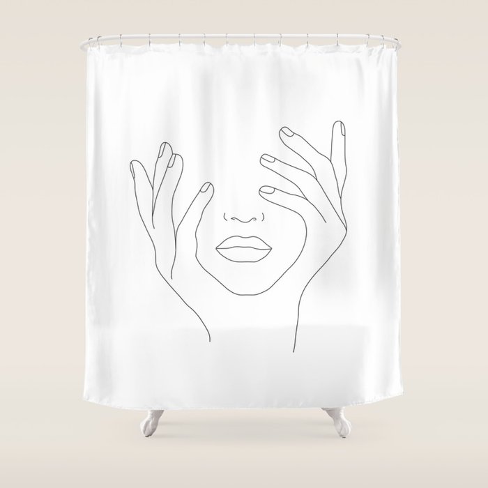 Minimal Line Art Woman with Hands on Face Shower Curtain Gallery Image 1