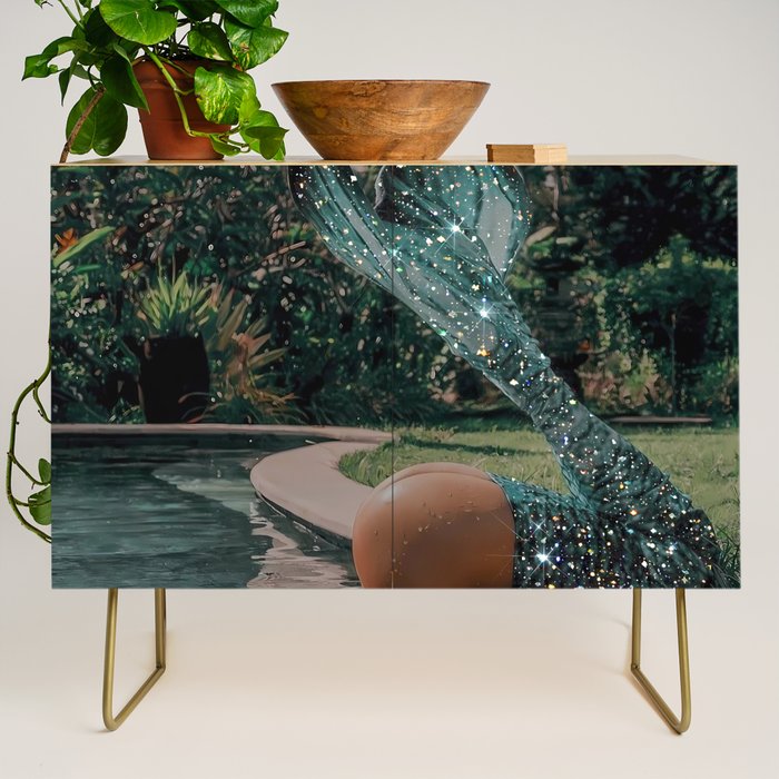 Im OFF | mermaid | tail | green | pool | swim | palm | collage | glitter | bling | tired | sunshine  Credenza Gallery Image 1