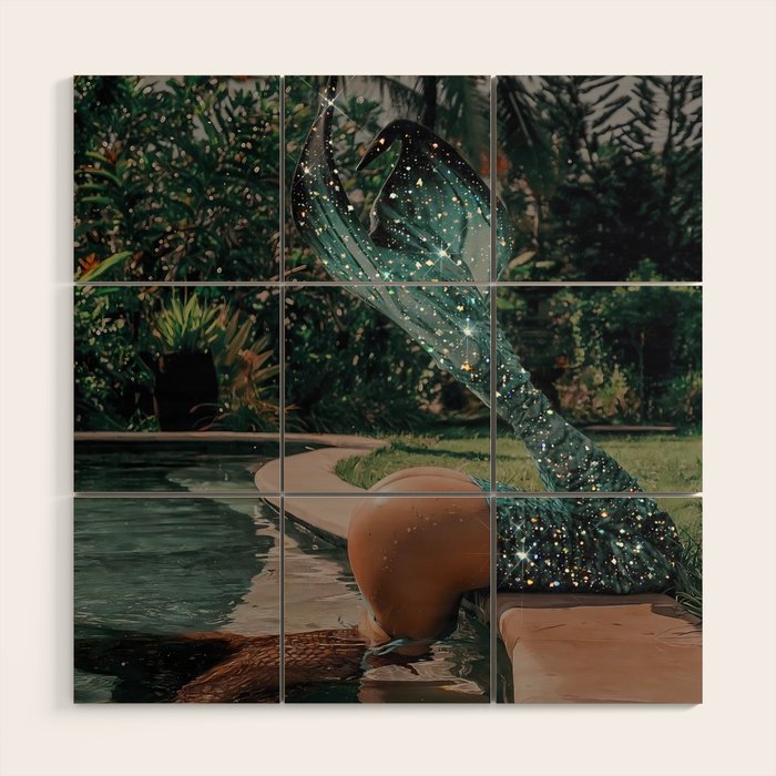 Im OFF | mermaid | tail | green | pool | swim | palm | collage | glitter | bling | tired | sunshine  Wood Wall Art Gallery Image 1