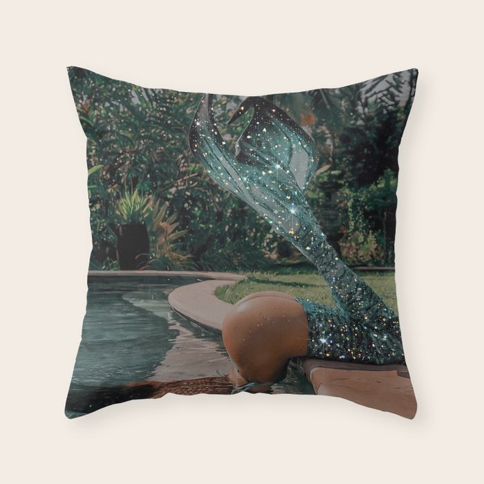Im OFF | mermaid | tail | green | pool | swim | palm | collage | glitter | bling | tired | sunshine  Throw Pillow Gallery Image 6