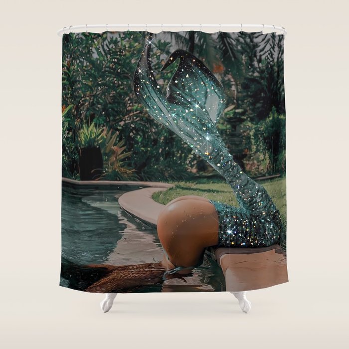 Im OFF | mermaid | tail | green | pool | swim | palm | collage | glitter | bling | tired | sunshine  Shower Curtain Gallery Image 1