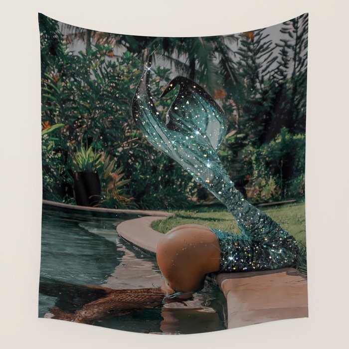Im OFF | mermaid | tail | green | pool | swim | palm | collage | glitter | bling | tired | sunshine  Wall Tapestry Gallery Image 1