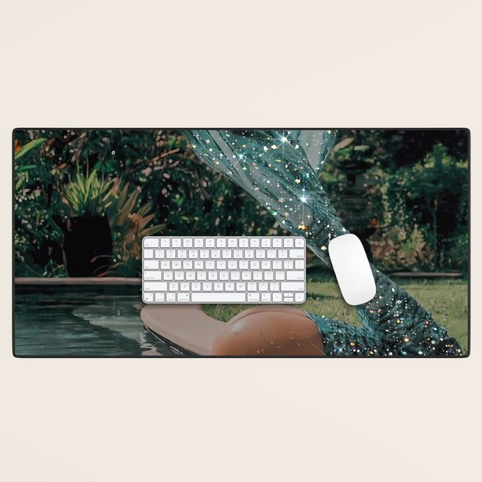 Im OFF | mermaid | tail | green | pool | swim | palm | collage | glitter | bling | tired | sunshine  Desk Mat Gallery Image 1