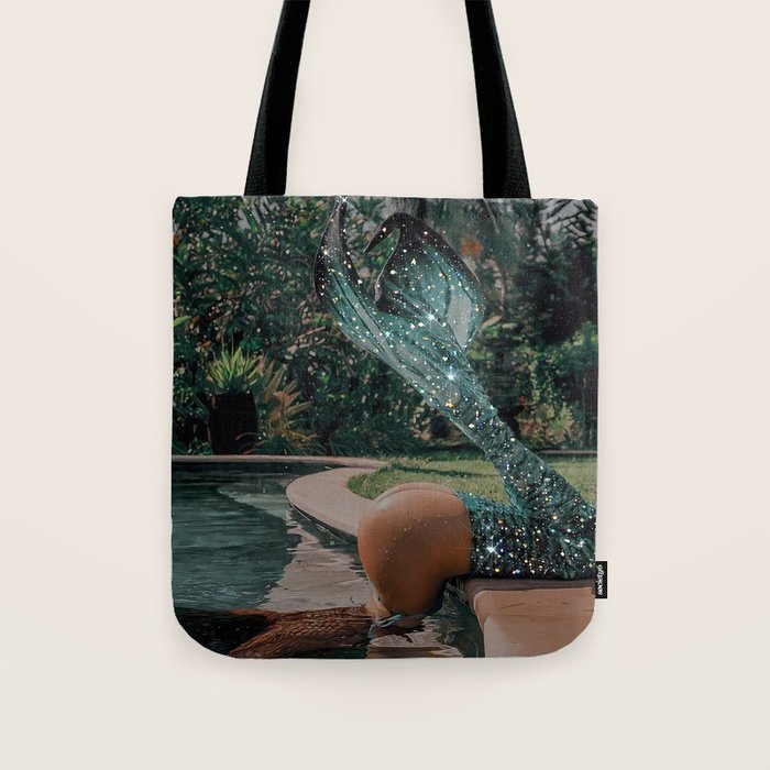 Im OFF | mermaid | tail | green | pool | swim | palm | collage | glitter | bling | tired | sunshine  Tote Bag Gallery Image 1
