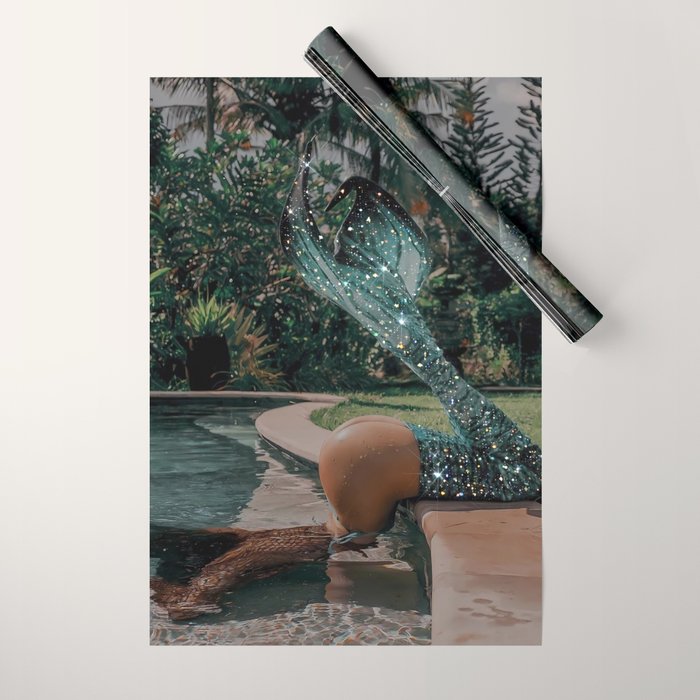 Im OFF | mermaid | tail | green | pool | swim | palm | collage | glitter | bling | tired | sunshine  Wrapping Paper Gallery Image 1