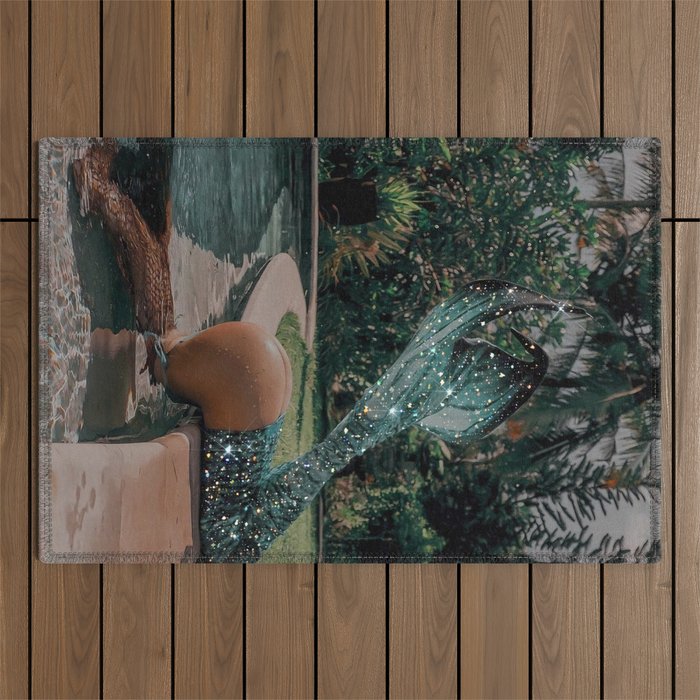 Im OFF | mermaid | tail | green | pool | swim | palm | collage | glitter | bling | tired | sunshine  Outdoor Rug Gallery Image 1