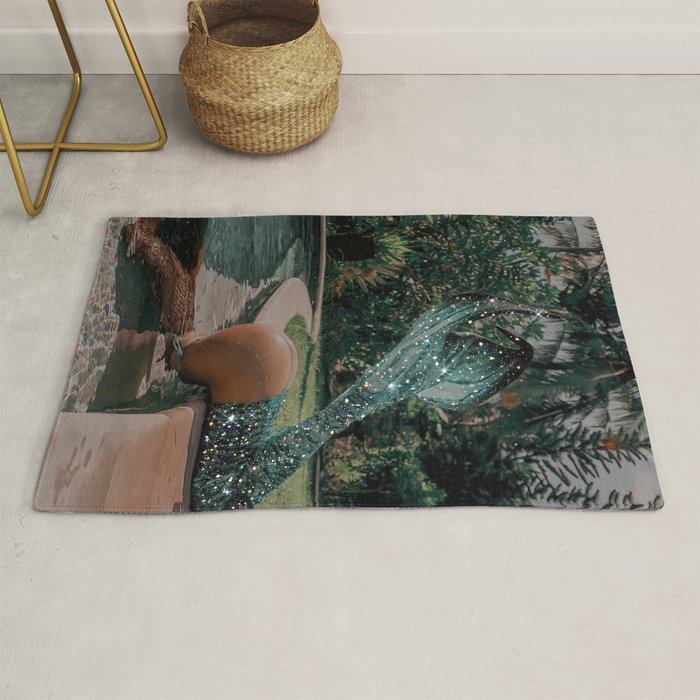 Im OFF | mermaid | tail | green | pool | swim | palm | collage | glitter | bling | tired | sunshine  Rug Gallery Image 1