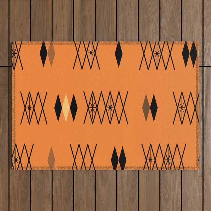 Retro Atomic Era Diamonds Pattern Orange Outdoor Rug Gallery Image 1