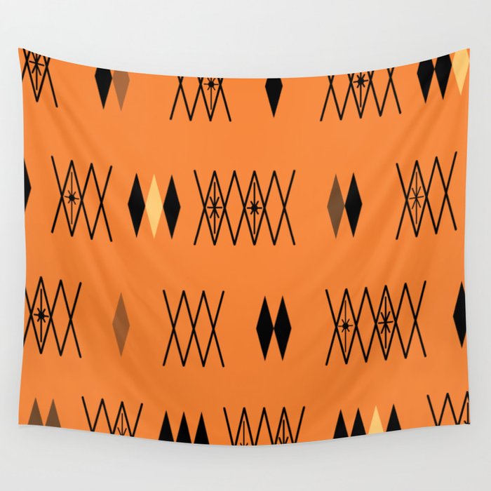 Retro Atomic Era Diamonds Pattern Orange Wall Tapestry