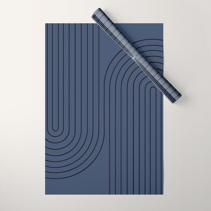 Minimal Line Curvature IV Navy Blue Mid Century Modern Arch Abstract Wrapping Paper Gallery Image 1