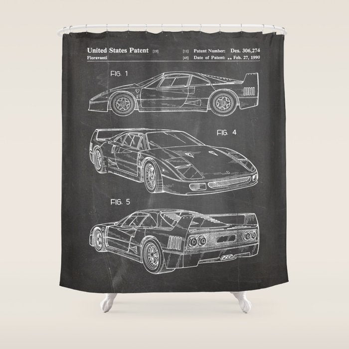 Supercar Sports Car Patent - Car Fan Classic Car Art - Black Chalkboard Shower Curtain Gallery Image 1