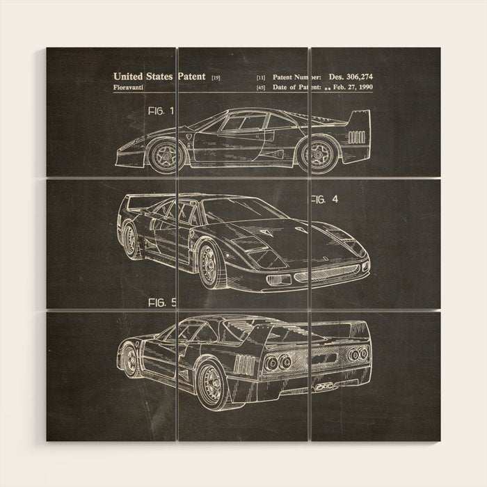 Supercar Sports Car Patent - Car Fan Classic Car Art - Black Chalkboard Wood Wall Art Gallery Image 1