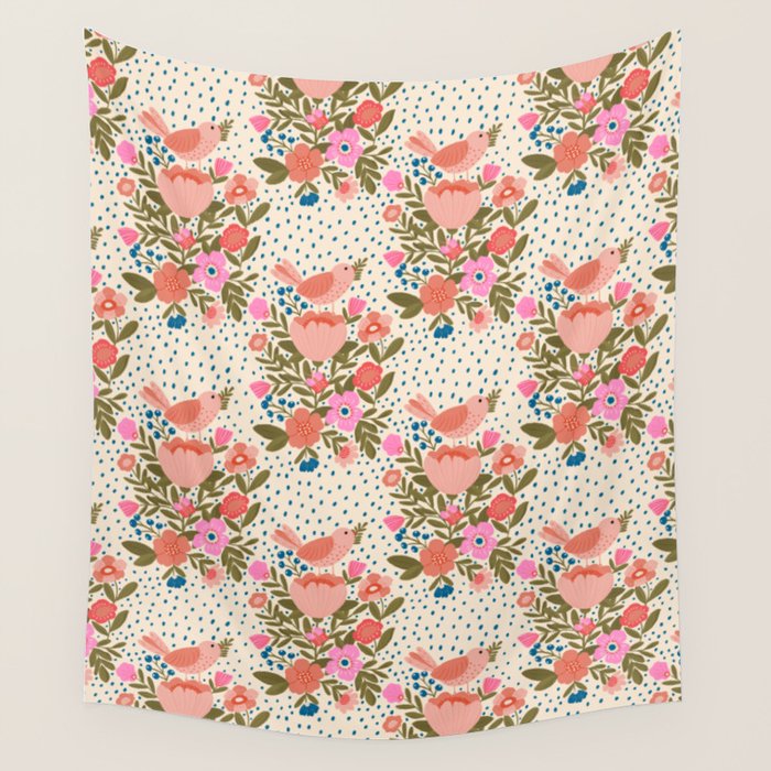Folk Floral Bird  Wall Tapestry Gallery Image 4