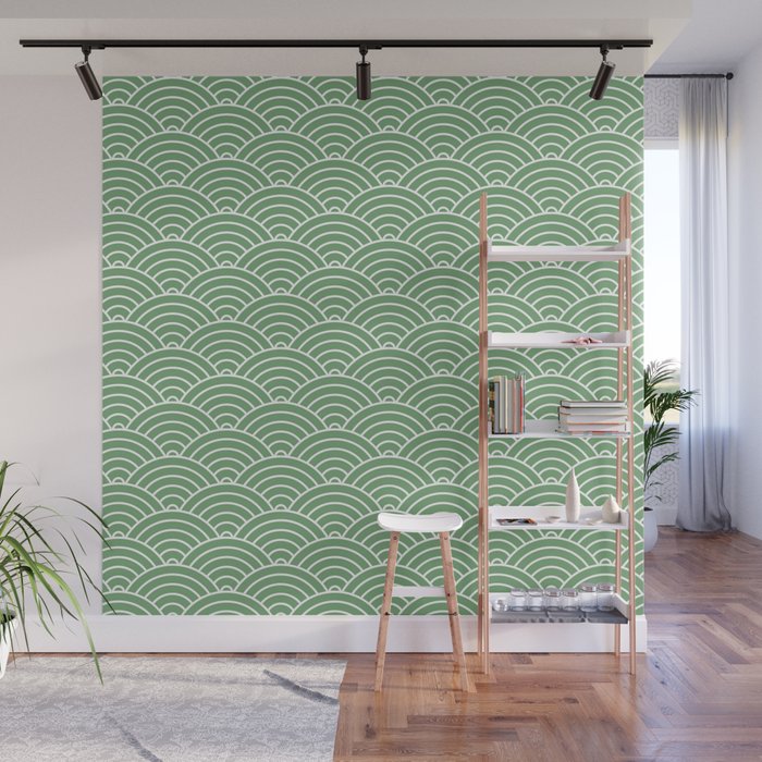 Japanese Waves Pattern Green Wall Mural Gallery Image 1