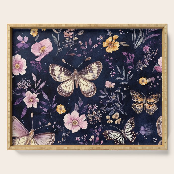Night Garden Flowers Watercolor Moths Dark Purple Serving Tray Gallery Image 1
