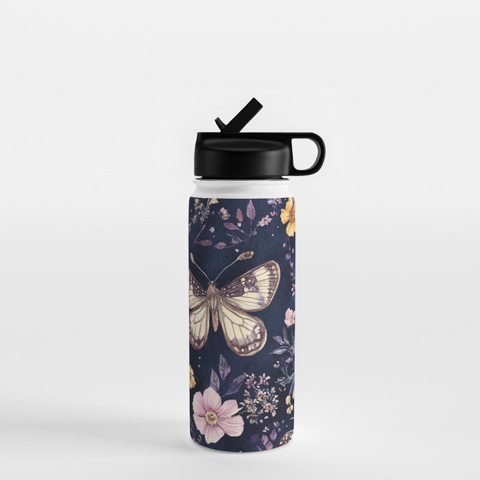 Night Garden Flowers Watercolor Moths Dark Purple Water Bottle Gallery Image 1