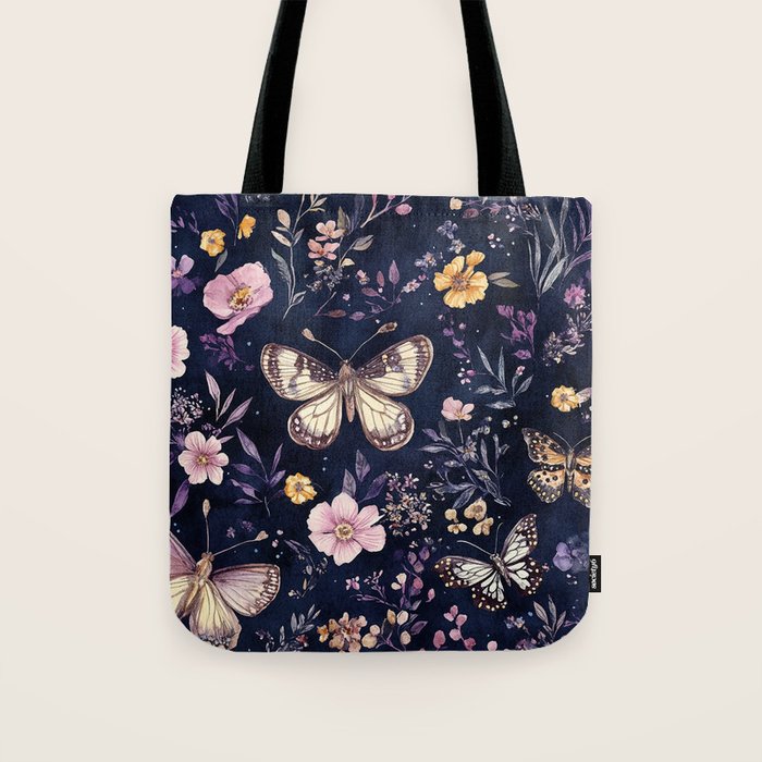 Night Garden Flowers Watercolor Moths Dark Purple Tote Bag Gallery Image 1