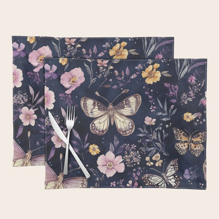 Night Garden Flowers Watercolor Moths Dark Purple Placemat Gallery Image 1