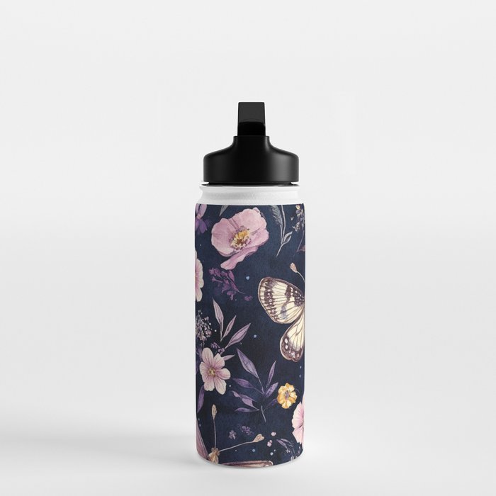 Night Garden Flowers Watercolor Moths Dark Purple Water Bottle Gallery Image 3