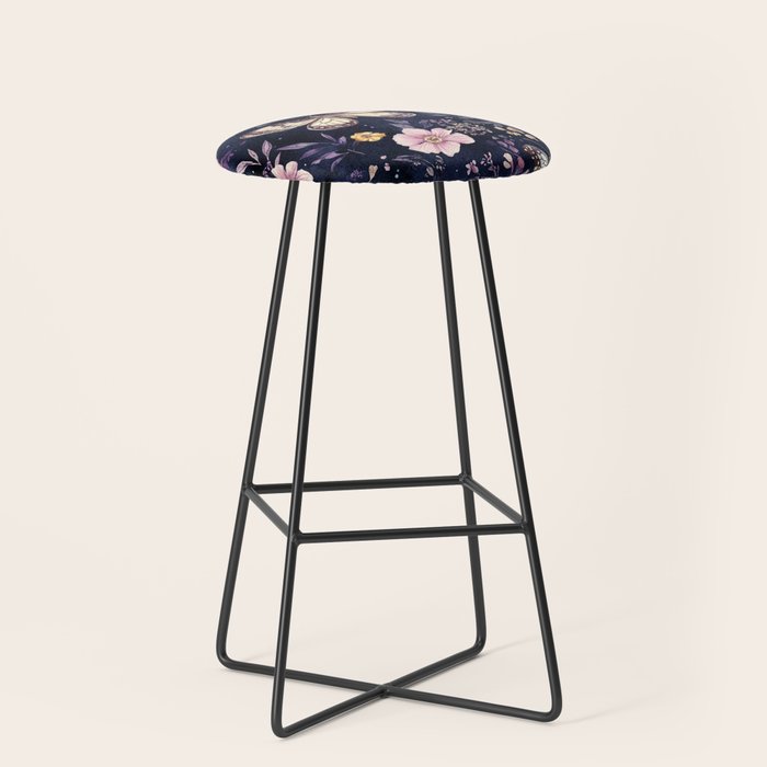 Night Garden Flowers Watercolor Moths Dark Purple Stool Gallery Image 1
