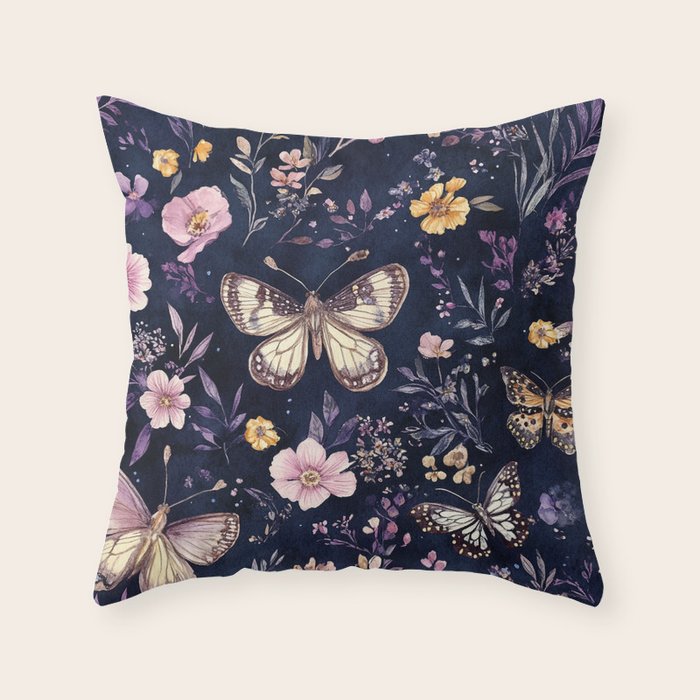 Night Garden Flowers Watercolor Moths Dark Purple Throw Pillow Gallery Image 6