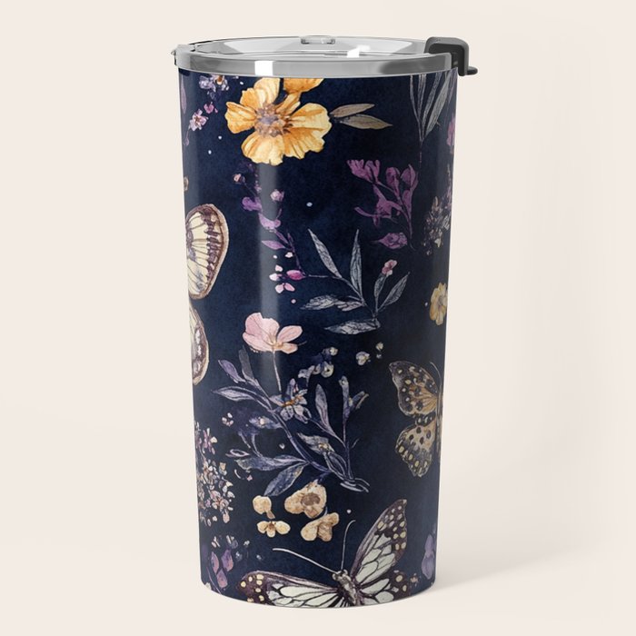 Night Garden Flowers Watercolor Moths Dark Purple Travel Mug Gallery Image 2
