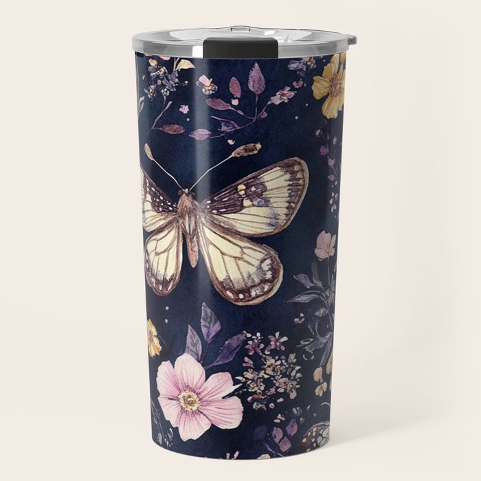 Night Garden Flowers Watercolor Moths Dark Purple Travel Mug Gallery Image 1