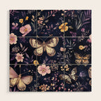 Night Garden Flowers Watercolor Moths Dark Purple Wood Wall Art Gallery Image 1