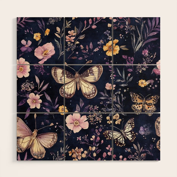 Night Garden Flowers Watercolor Moths Dark Purple Wood Wall Art Gallery Image 1