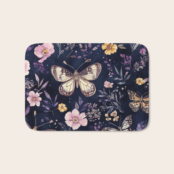 Night Garden Flowers Watercolor Moths Dark Purple Bath Mat Gallery Image 1