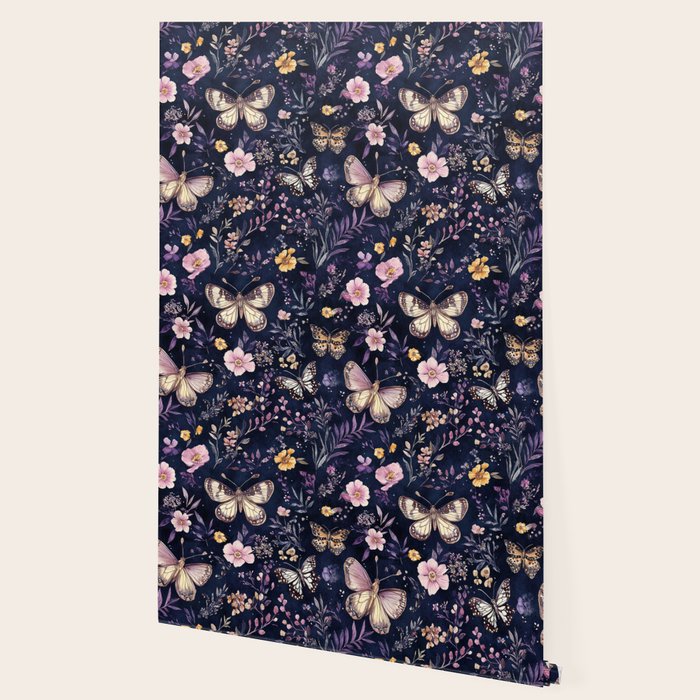 Night Garden Flowers Watercolor Moths Dark Purple Wallpaper Gallery Image 2